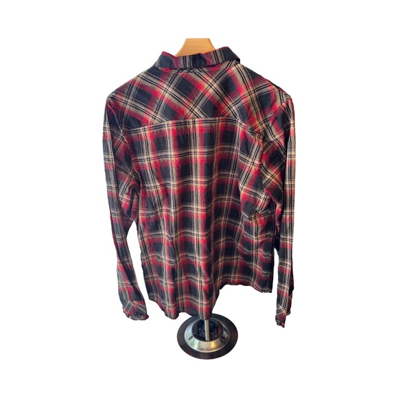 Northern Reflections Plaid Red Black and Gold Plaid Button Down Shirt with Ruffe - Picture 2 of 3